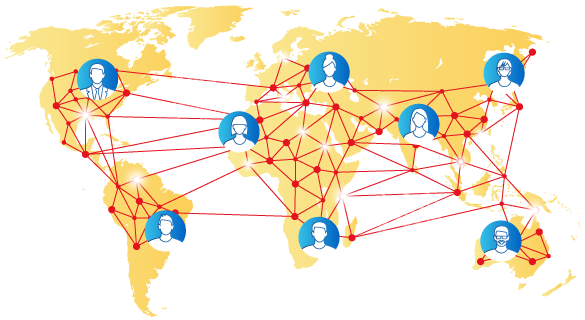 Illustration of a global map with a network of people connected over continents.